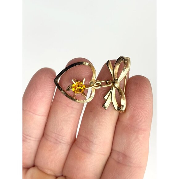 Gold Toned Matte Ribboned Bow Heart Shaped Orange Rhinestoned Brooch - Picture 6 of 9